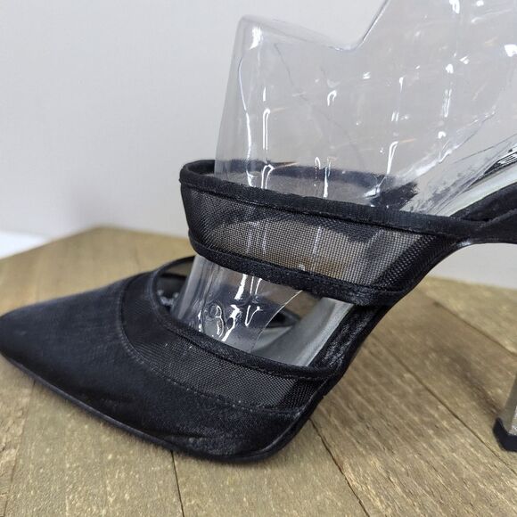 Vintage 90s BATA Black Mesh Strap Heels Size 8 Mule Slip On Pointed Toe - Picture 5 of 11